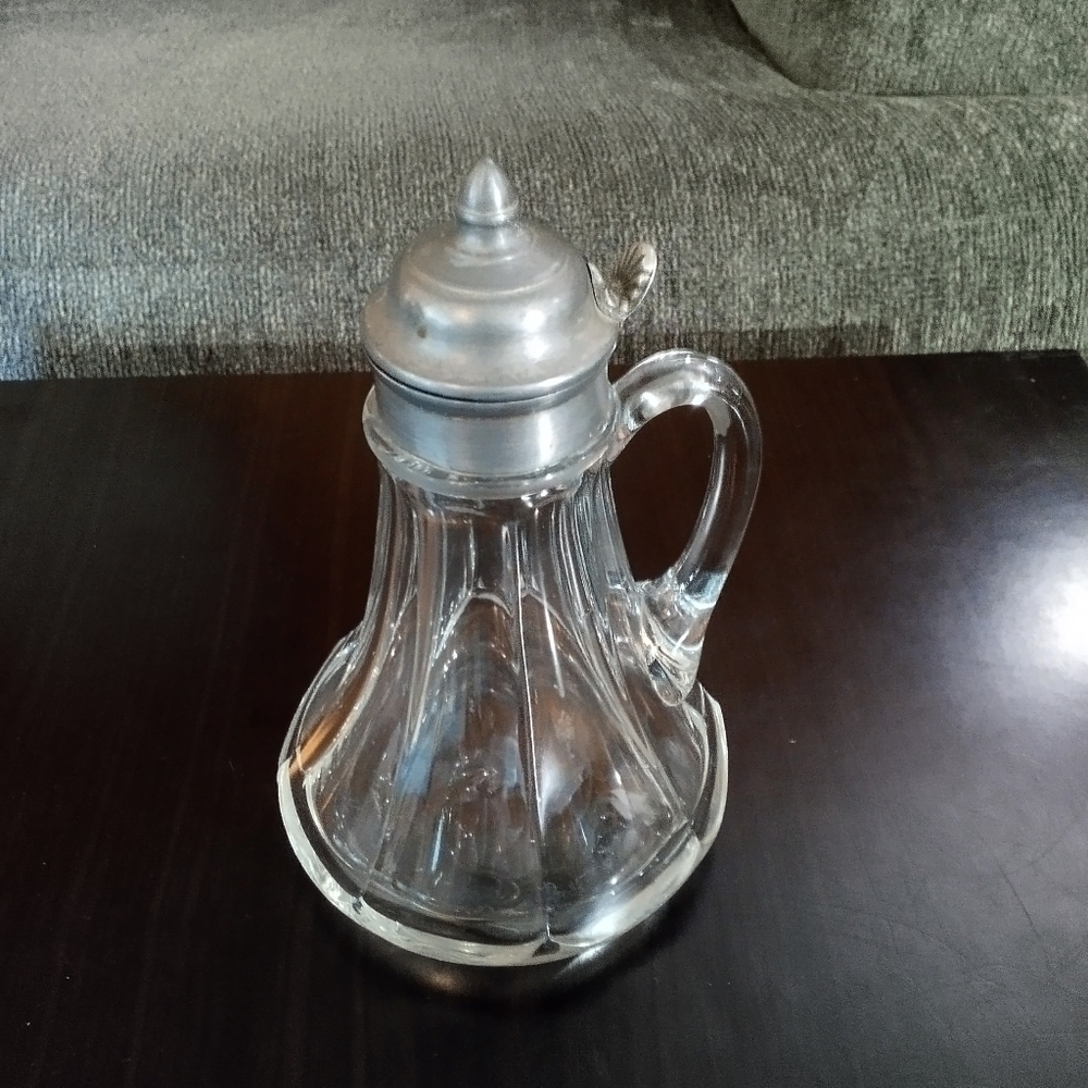 Vintage Heisey Heavy Clear Glass Syrup Dispenser With Metal Hinged Top And Spout